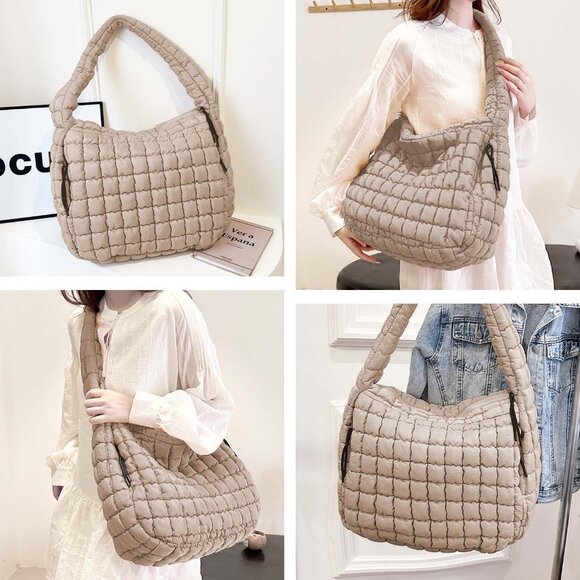 Women's Khaki Lightweight Cotton Puffy Quilted Hobo Bag Retro Soft Shoulder Bag - Picture 2 of 7